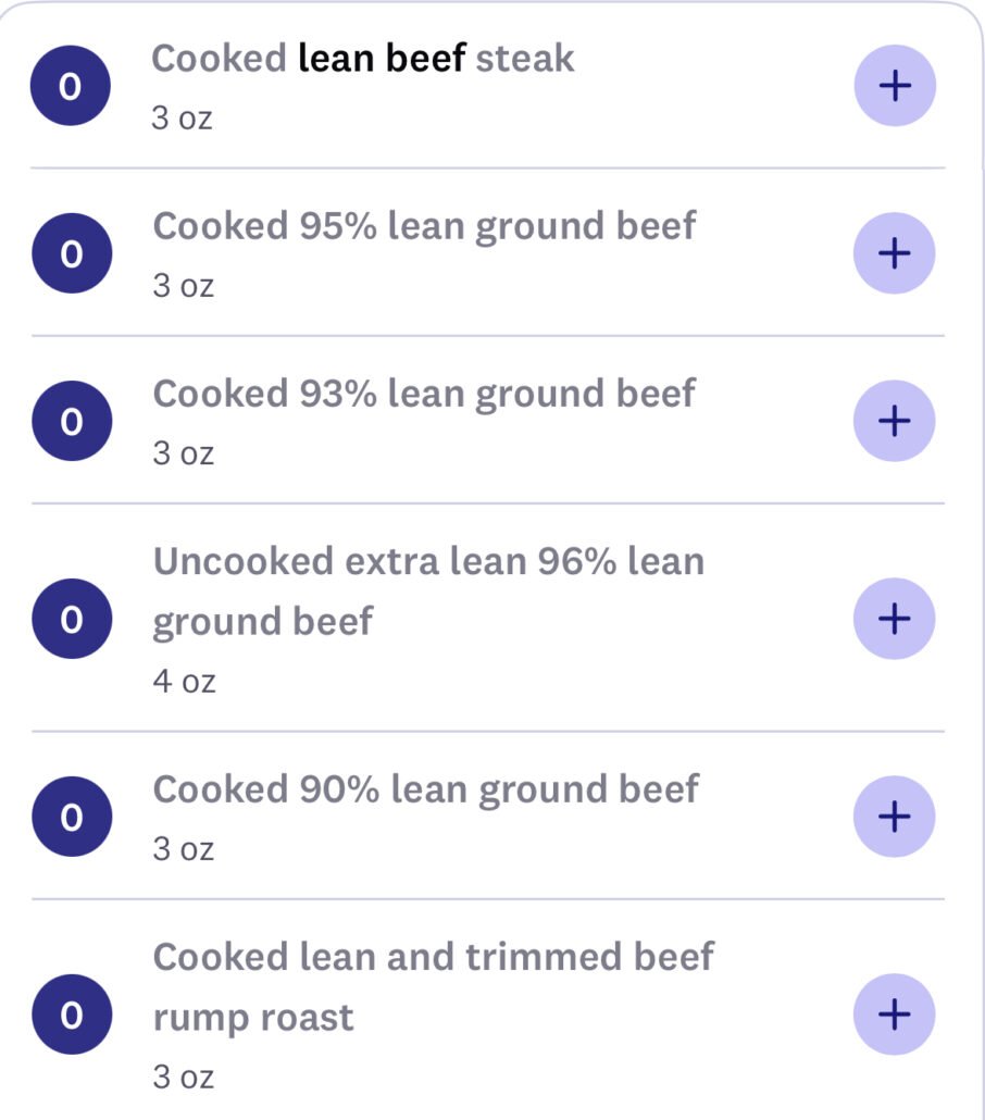 this is a weight watchers app showing portion sizes for lean protein