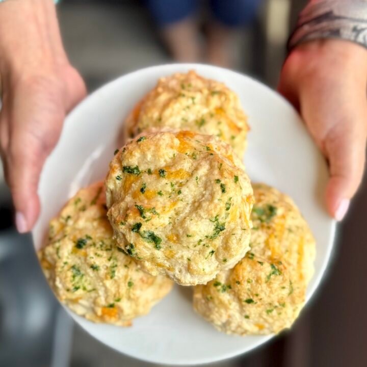 This is a plate of lightened up Paul Deen Cheddar Biscuits