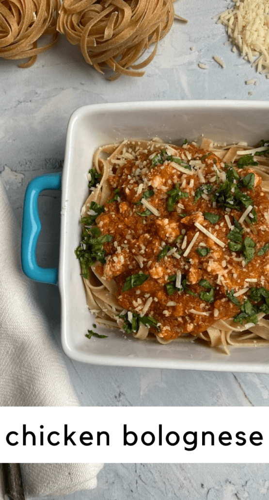 This easy chicken bolognese is so delicious and ready in about 30 minutes. The best part about it is that I can make several things for myself for the week. Stuffed zucchini boats, I can add chicken broth and turn it into lasagna soup. I could also use the sauce to make a mini lasagna for one. So many possibilities! On all WW plans, this is 1 point per 1/2 cup serving. #chicken #bolognese