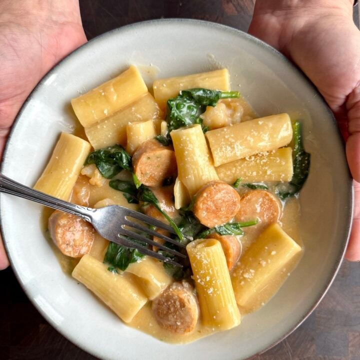 this is a dish of creamy shrimp and sausage pasta that's only 8 weight watcher points