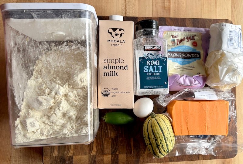 these are the ingredients needed to make delicata squash cheddar jalapeno scones