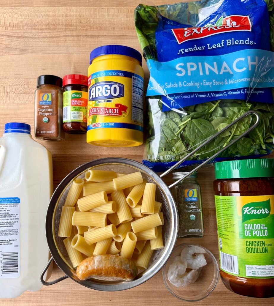 these are ingredients needed for creamy shrimp and sausage pasta