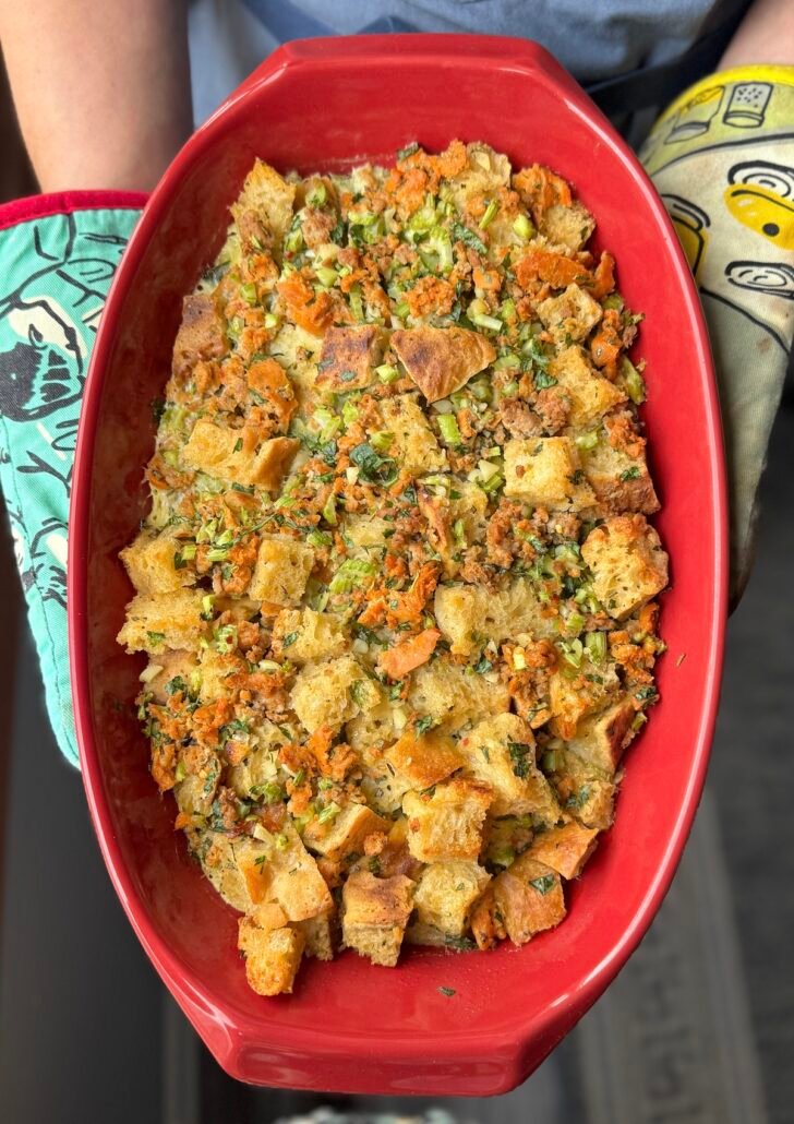 sourdough sausage stuffing out of oven