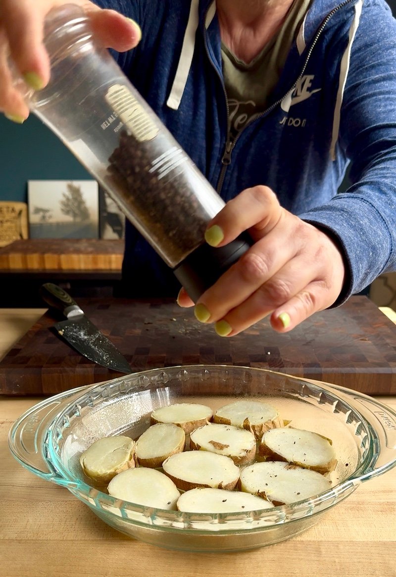 layering potatoes for farmers market quiche
