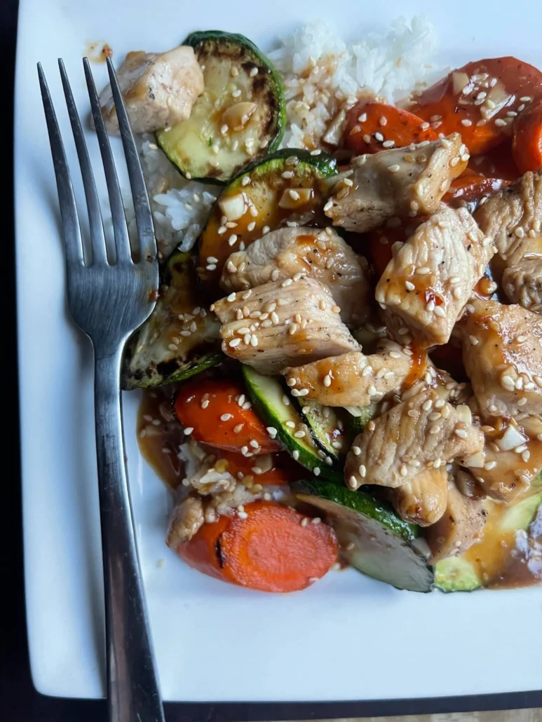 this is a plate of Weight Watchers sesame chicken