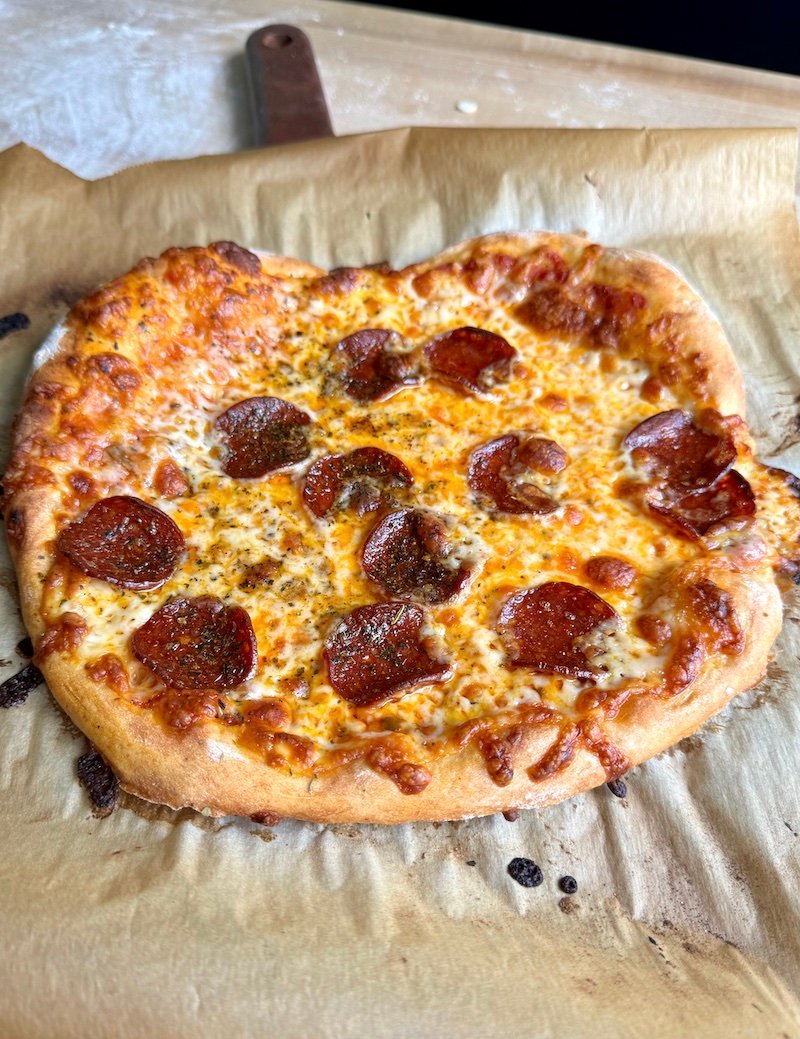 skinny pizza dough with pepperoni 
