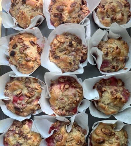 Strawberry Rhubarb Tahini Muffins