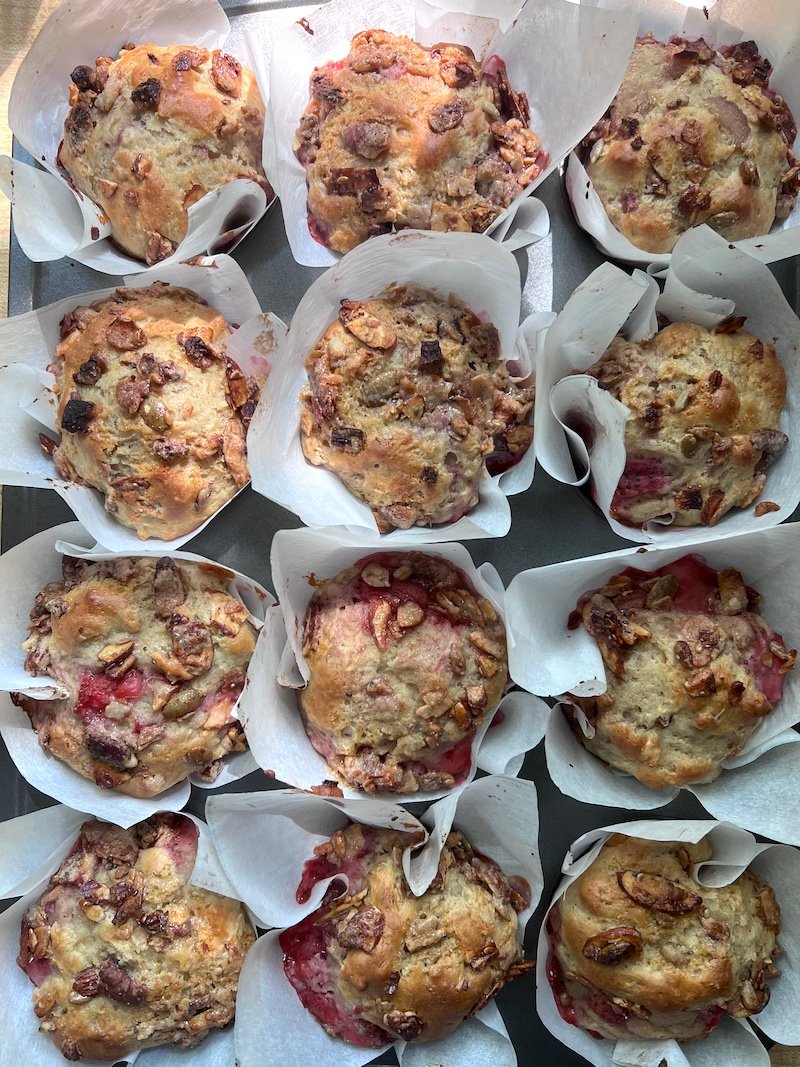 Strawberry Rhubarb Tahini Muffins