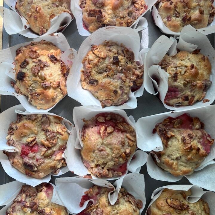 strawberry rhubarb tahini muffins