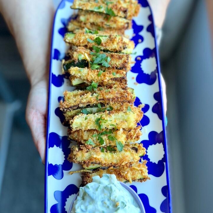 these are zucchini fries with tzatziki dipping sauce